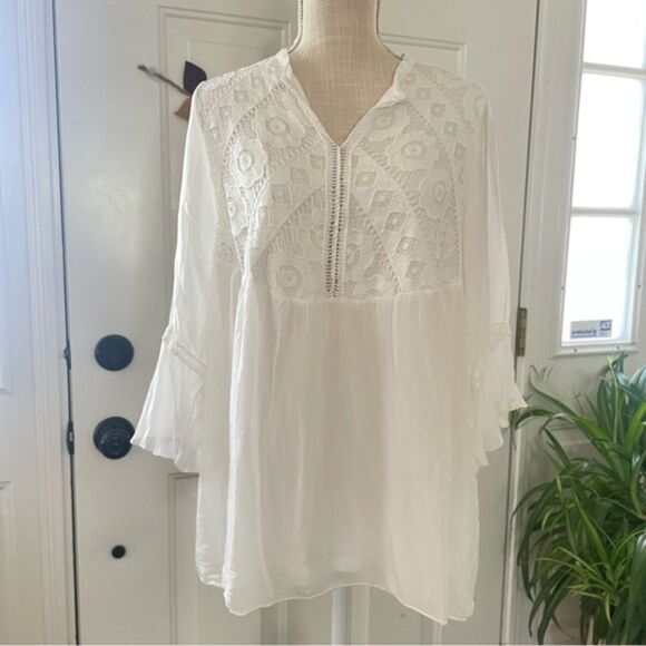 BOHO Bellambra Embroidered White Women's Silk Top Blouse Bell Sleeve (Size M) - Picture 1 of 12